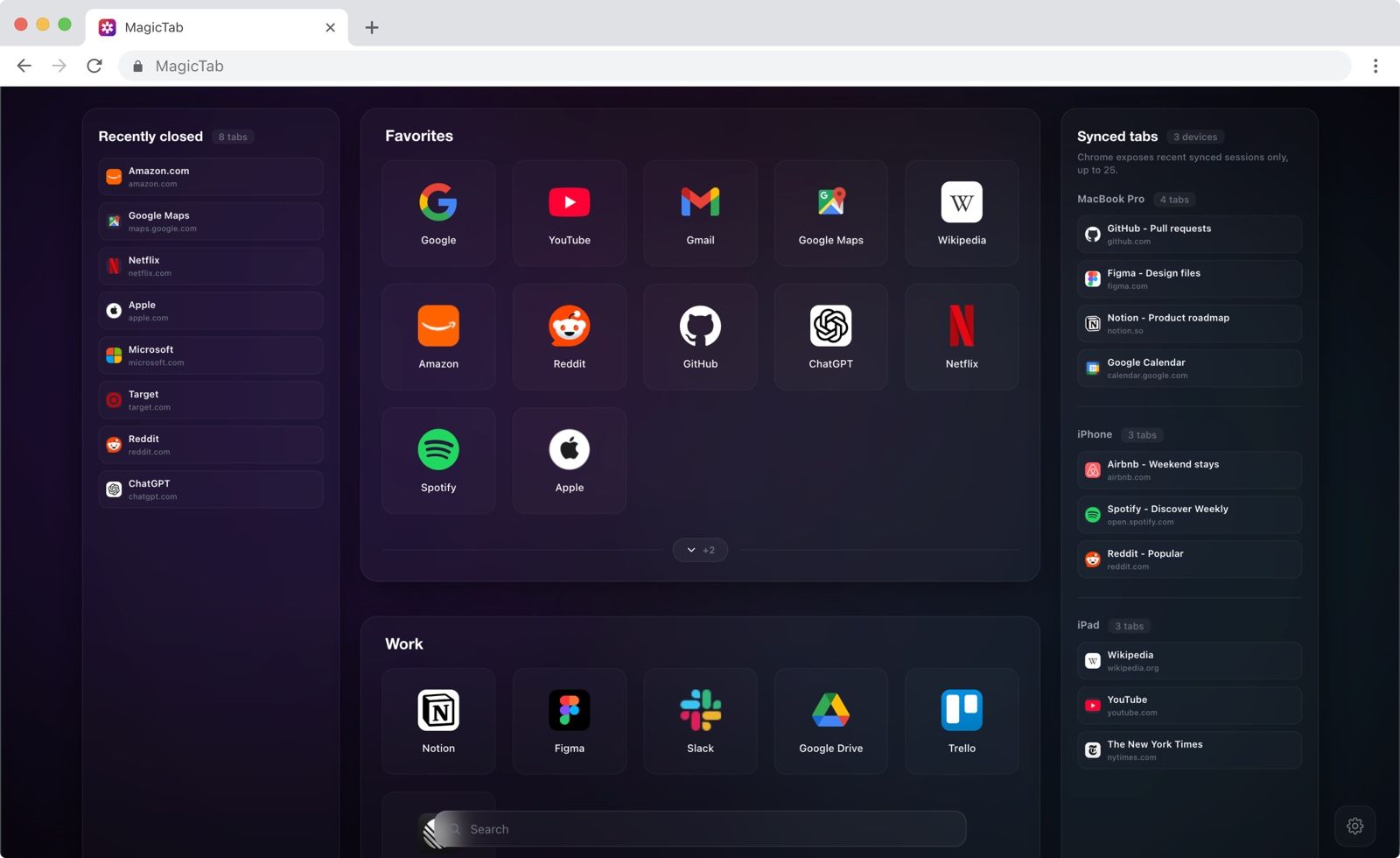 MagicTab: закладки, недавно закрытые и синхронизированные вкладки на одном экране