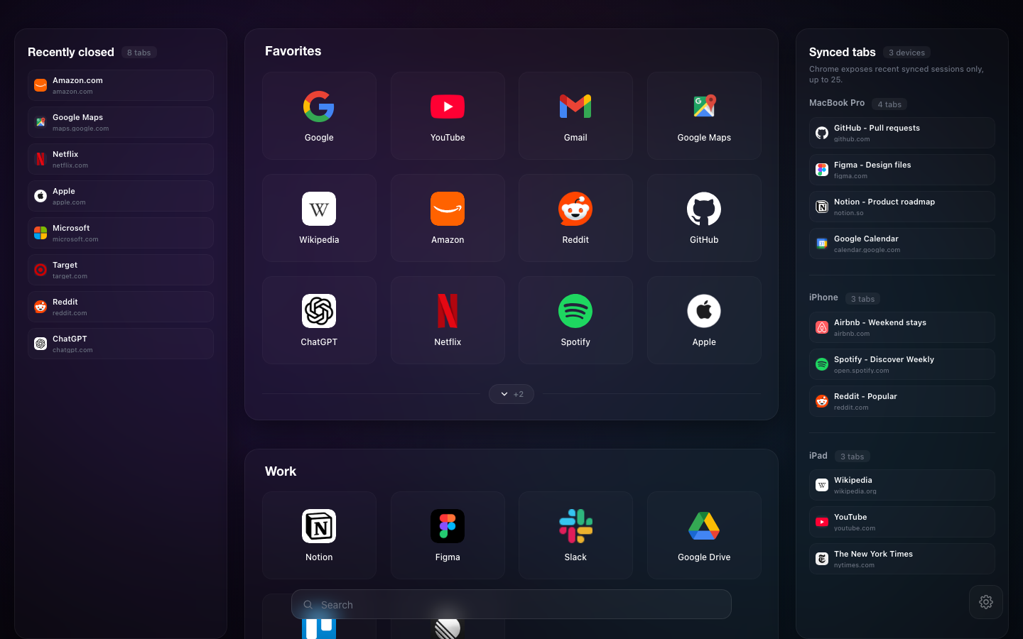 MagicTab: недавно закрытые страницы слева, закладки в центре, вкладки других устройств справа